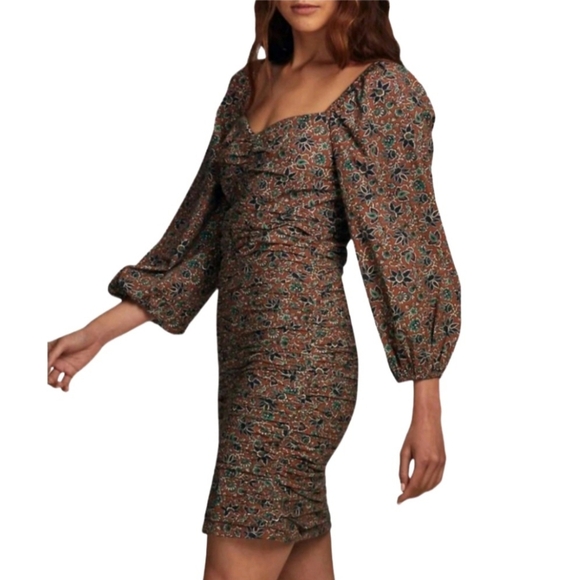 Veronica Beard Size 12 Nadi Mini Dress Puff Sleeve Ruched Cinnamon Multi Brown - Picture 3 of 11